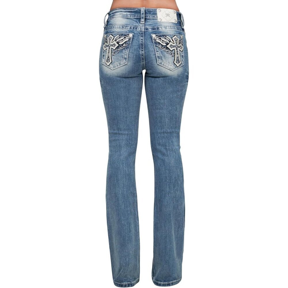 Women's Cotton Spandex Mid-Rise Bootcut Jeans Embellished Pockets